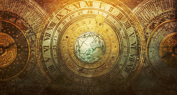 istock Ancient calendar with constellations and astronomical instruments against the background of stars. Symbol of science, astronomy, astrology, mystery, education, mysticism, numerology, occultism, divination, philosophy. 2214633476