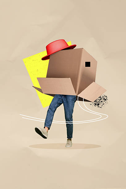istock Vertical retro abstract creative artwork template collage of funky guy walking wear head carton box isolated painting background 2214633530