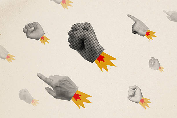 istock Composite creative artwork photo collage of arms flying forward with fuel fingers pointing on sky isolated on white color background 2214633603