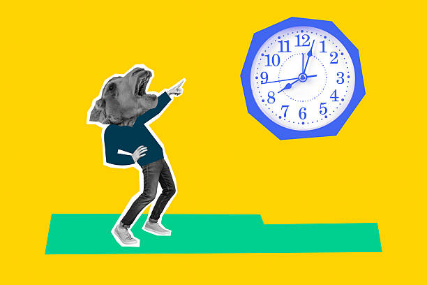 istock Composite photo collage of human instead head camel mask point alarm clock dial interval time management isolated on painted background 2214633688