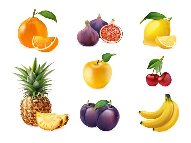 istock Realistic fresh fruits. Ripe summer sweet fruit 3d isolated object, pineapple plum citrus lemon orange cherry healthy organic food dessert juicy fruity exact vector illustration 2214634559