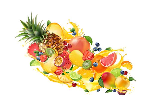 istock Realistic fruit burst. 3d fruits mix fresh juice cocktail splash tropical flavor, exotic berry drink blend beverage orange mango pineapple fruity food, exact vector illustration 2214634569