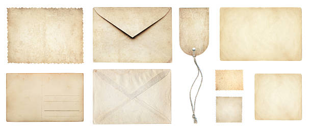 istock Old papers collection: letterhead, envelope, postcard, postage stamp, tag label, old paper blank isolated on white. Retro style design. 2214634610