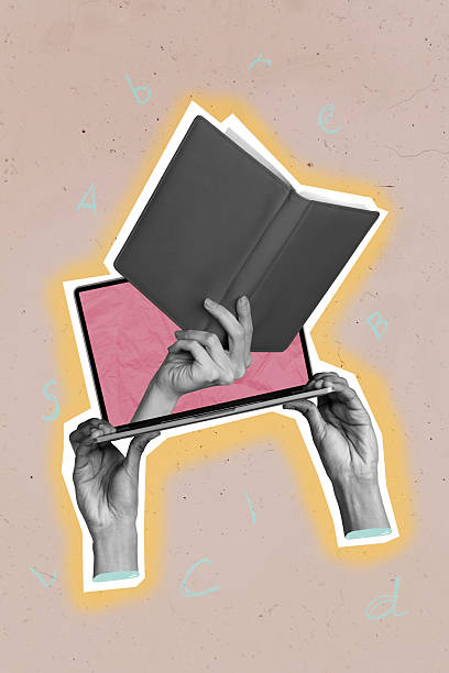 istock Picture image creative collage of netbook with book from screen on pastel color background 2214634970