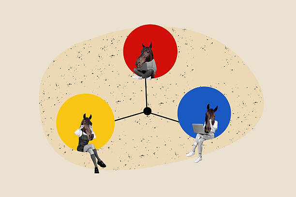 istock Composite sketch image trend artwork photo collage of workspace diagram office manager lady man wear horse head work laptop colleagues 2214635003