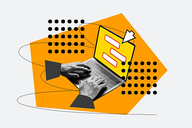 istock Composite photo collage of hand type macbook device surf online information office tool business icon deal isolated on painted background 2214635126