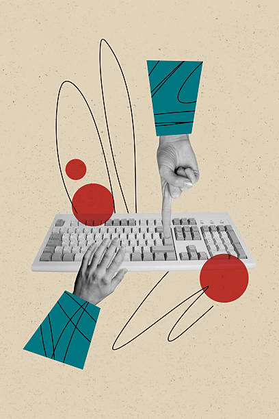 istock Vertical collage human hands body fragment fingers press button keyboard pc equipment drawing doodles pc user internet digital technology 2214635234
