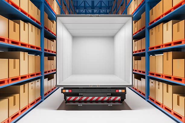 Container Trucks on The Parking Lot at Warehouse. Cargo Container Shipping. Truck Door Lifting Ramp. Distribution Warehouse. Freight Truck Logistics, Cargo Transport.