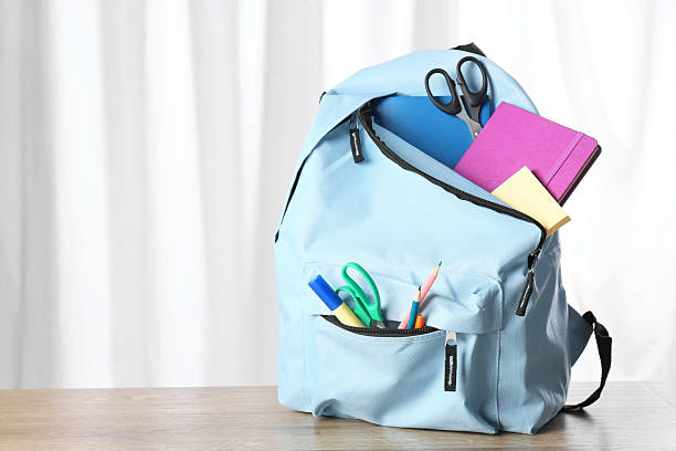 istock Backpack with different school stationery on wooden table 2214636164