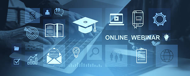 istock Online education webinar with digital learning icons overlay on keyboard background. 2214636793
