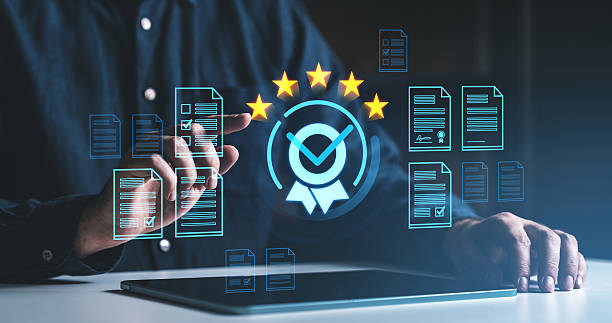 istock Quality assurance certification concept with digital documents and five-star rating. 2214636955