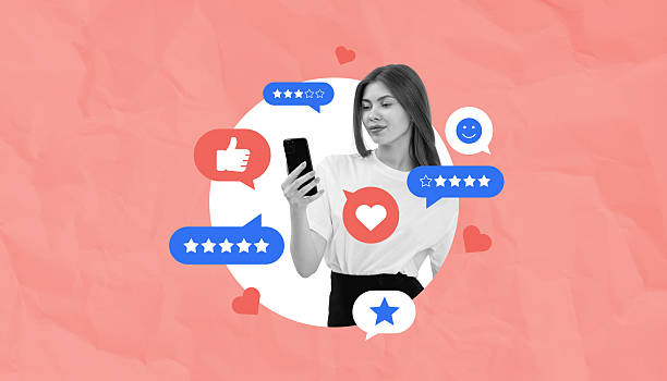 istock Woman checking customer feedback on mobile surrounded by rating 2214637261