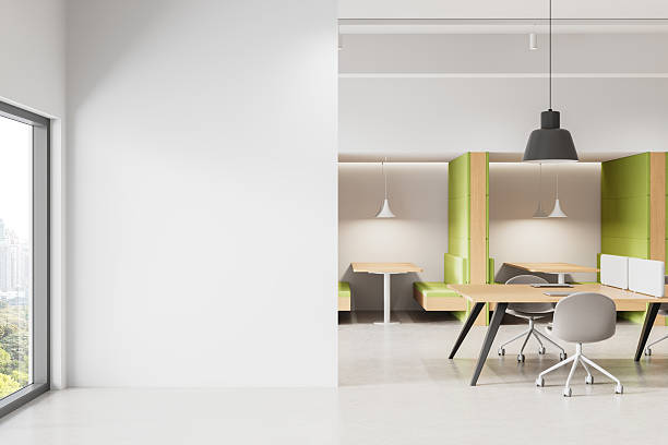 istock Bright modern office interior with empty white wall for poster mockup or canvas template, featuring minimal clean design and stylish layout. 3D Rendering 2214637575
