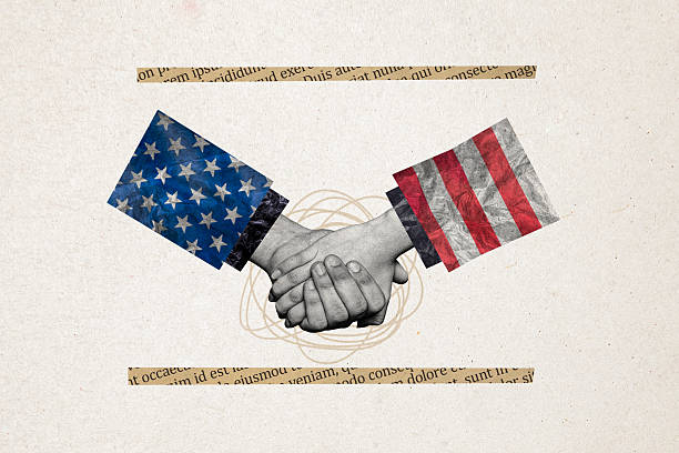 istock Creative artwork collage abstract of two people doing support solidairty gesture for independence day 2214639813