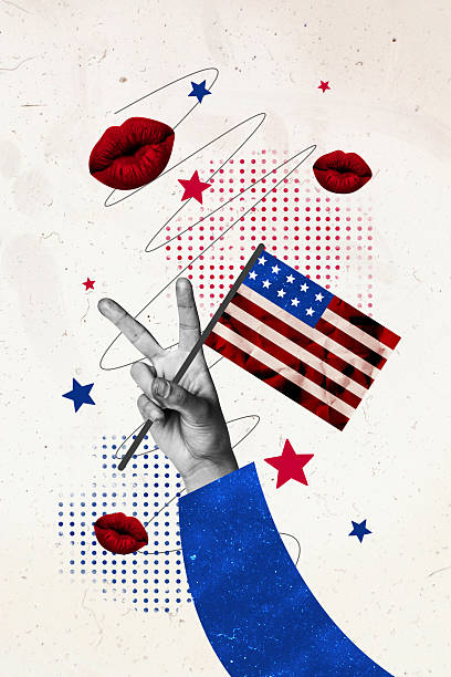 Creative abstract template graphics collage image of arm showing v-sign celebrating 4th july  isolated colorful background