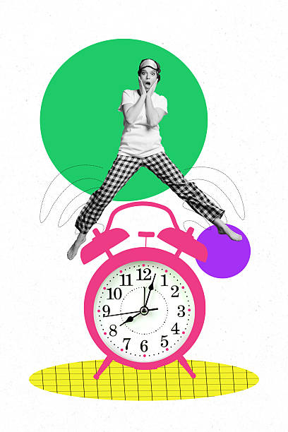 istock Composite trend artwork sketch image photo collage of bright color geometric element table huge clock time young lady late miss meeting 2214643537