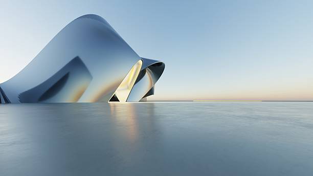istock 3d illustration of abstract minimal metallic architecture background, geometric architectural with curve design, Car presentation 2214648203
