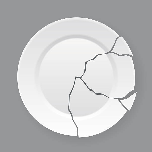 istock Broken white plate. Shattered food plate, cracked porcelain dish. Dishware with damage. Icon isolated on white background. Vector illustration 2214648325