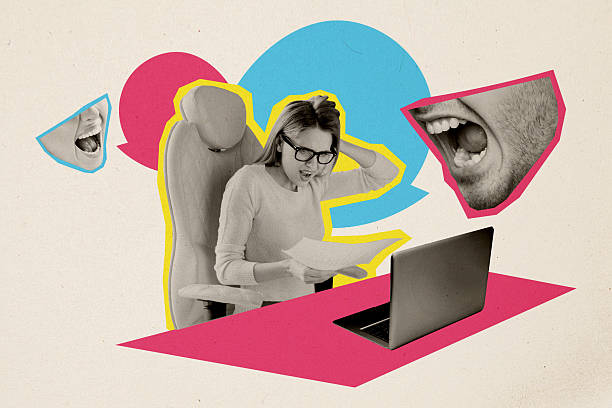 istock Trend artwork composite sketch image photo collage of young lady office manager work read document half face person mockery laugh confuse 2214650972