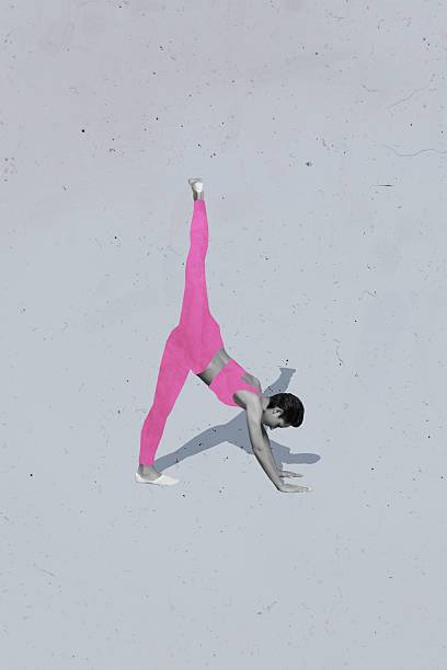 istock Creative collage poster banner of girl doing exercise on grey color background 2214652932