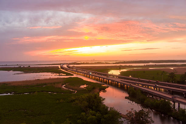 Aerial view of Mobile Bay at sunset on the Alabama Gulf Coast