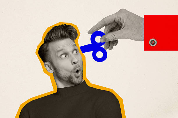 istock Composite trend artwork sketch image 3D photo collage of mechanical key hold hand finger recharge shocked staring young man head bodyless 2214654095