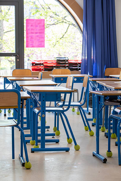 istock View of an empty elementary school classroom, with tables and seats. 2214657051