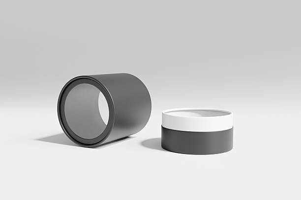 istock Black paper tube packaging with window mockup, short round gift box with window display, cylindrical paper tube container, black color paperboard tube packaging, tin can paper food packaging mockup 2214659717
