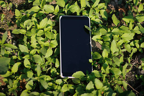 A mobile phone put on the grass ground and showing the black screen