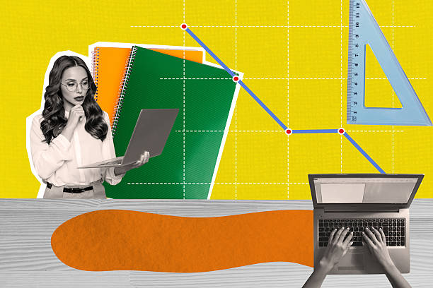 istock Trend artwork composite sketch 3D photo collage of workspace school university notebook copyspace young lady hold laptop work type 2214670302