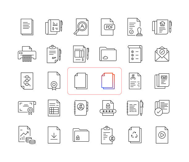 illustrations, cliparts, dessins animés et icônes de jeu d’icônes de ligne de documents avec trait modifiable - fichier informatique