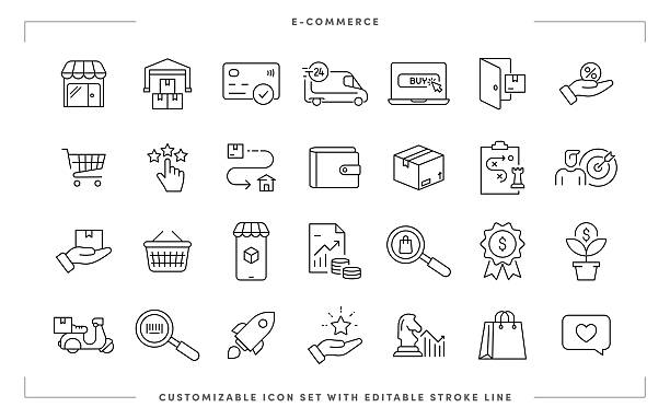 E-Commerce and Online Shopping Line Icon Set with Editable Stroke E-Commerce and Online Shopping Line Icon Set contains such icons as Discount, Fast Delivery, Online Order, Warehouse, and so on. Editable Stroke, Customizable Stroke Width, and Adjustable Colors. ordering stock illustrations
