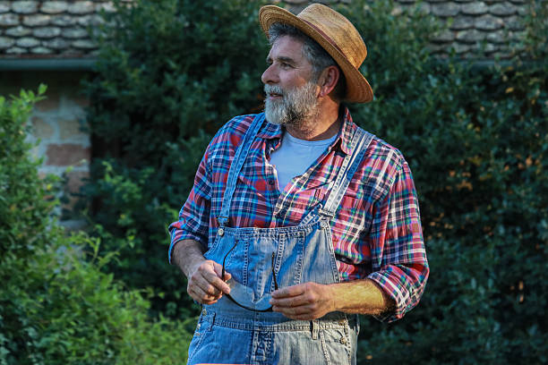 cottage farm bearded senior man hard working for later relax spring trimming cut grass