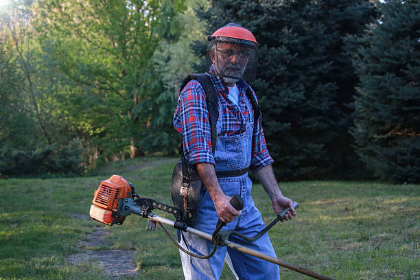 istock Senior man is mowing the grass for spring preparation. 2214678642