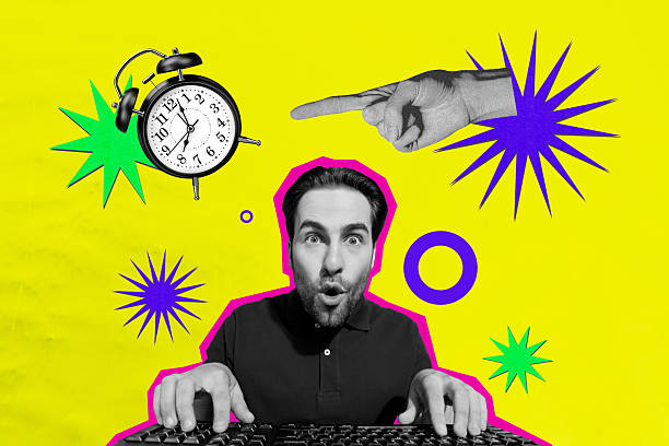 istock Composite trend artwork sketch image photo collage of yellow background young man type keyboard hand show finger clock deadline tictac 2214680374