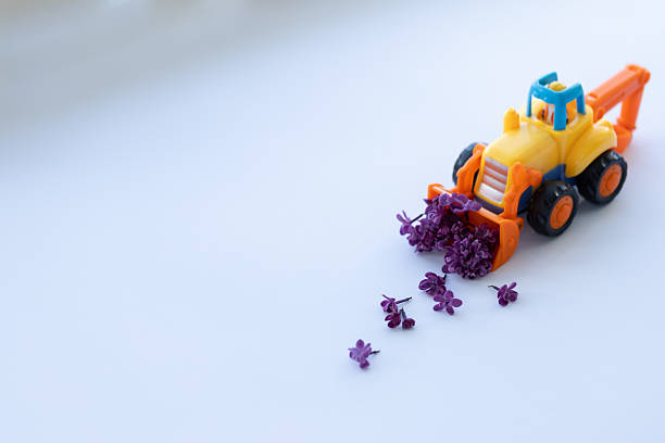 Toy backhoe with lilac flowers. Closeup, selective focus