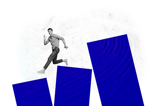 istock Composite trend artwork sketch image photo collage of blue platform line young man success moving confident run runner jump stairs 2214682668