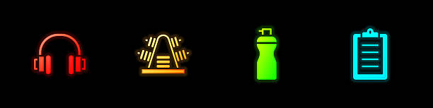 istock Set Headphones, Metal rack with weights, Fitness shaker and Sport training program icon. Vector 2214684072