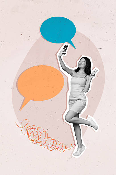 istock Trend artwork sketch image composite photo collage of speech cloud dialog chatting conversation silhouette young lady phone vlog blogging 2214685962