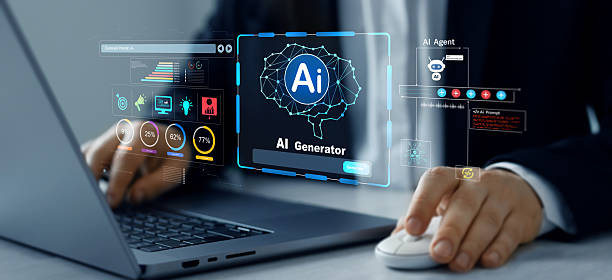 istock Person using laptop with Ai Content Generator. Interaction with the Ai assistant to solve some tasks more easily. Image generator, documents, marketing and advertising, bot writing and coding. 2214689031