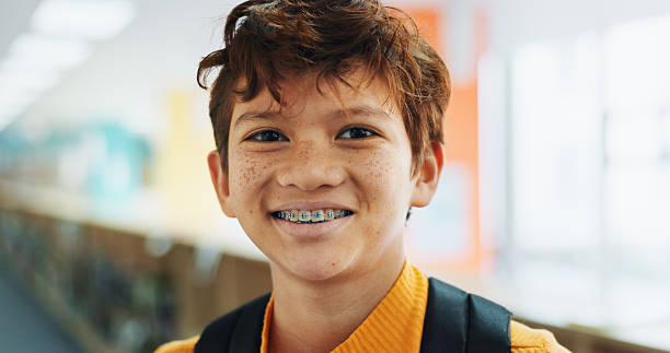 istock Portrait, education and boy with braces, student and confidence with smile, knowledge and learning academy. Face, happy kid and childhood with backpack, studying opportunity and campus with pride 2214689818