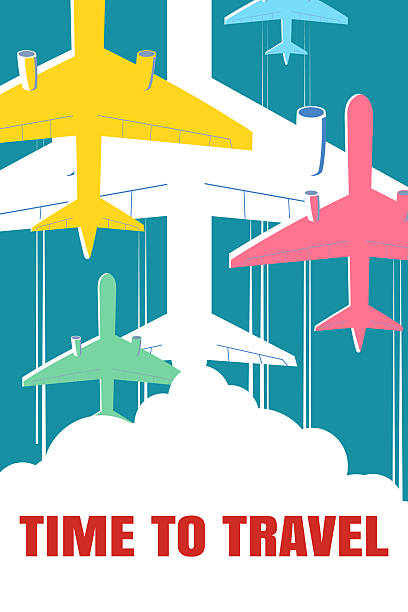 Vintage travel poster Time to travel, airplane, plane. Retro Travel silhouette flat design. Vector Illustration isolated