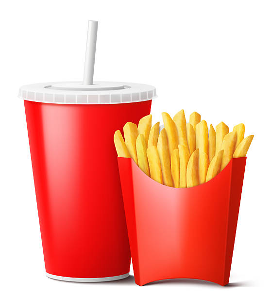 istock French fries in red paper bag and a drink in a red disposable cup , isolated on white background. takeaway food and drinks, mockup. Realistic 3d vector illustration. 2214693993