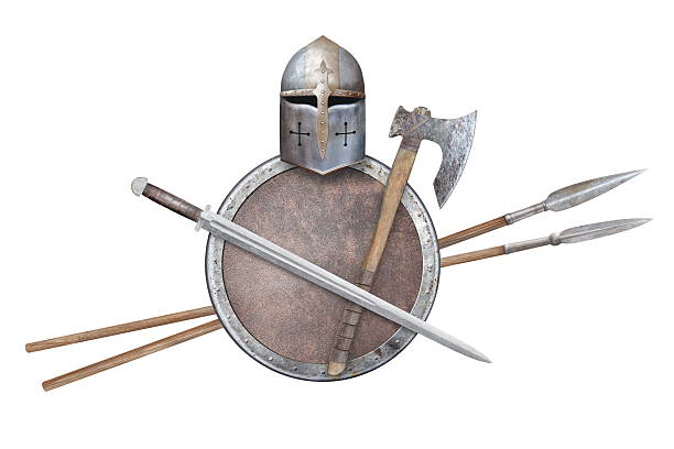 istock helmet sword axe shield and two spears isolated on white 2214696261