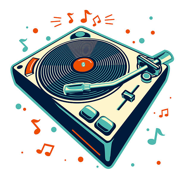 istock Colorful musical vinyl record player turntable and notes - music design 2214697677