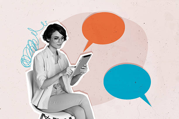istock Trend artwork sketch composite photo collage of speech cloud dialog chatting conversation silhouette young lady work tablet type message 2214699001