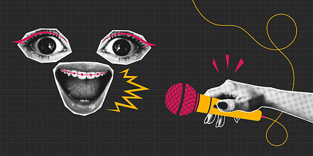 istock Halftone collage eyes and open mouth with microphone in hand. Collage banner would be fine for interview, podcast or karaoke and singing. Halftone face with doodle element and mic. Vector. 2214700024