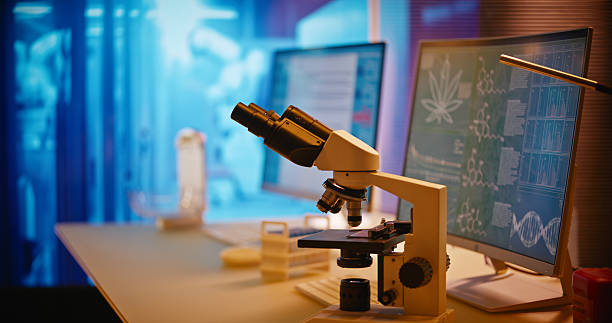 istock Medical Cannabis research laboratory. Microscope set up for studying medical samples to collect data. Medical science research 2214702195