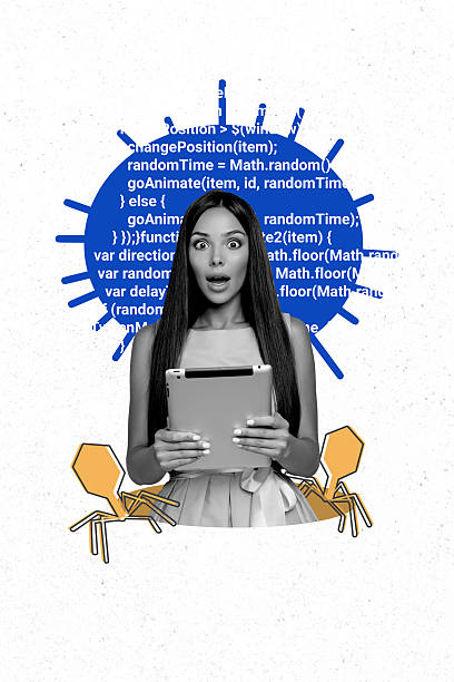 istock Vertical collage image young shocked amazed woman computer virus bugs insects danger malware protection code script drawing background 2214704478