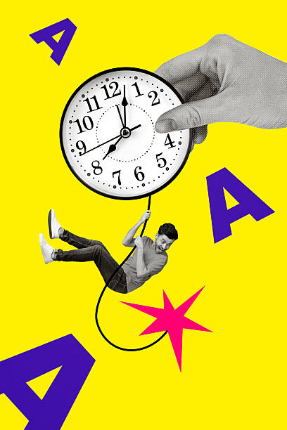 istock Sketch image composite trend artwork 3D photo collage of time run deadline huge wall clock young man hold rope hanging fall down scary 2214704898